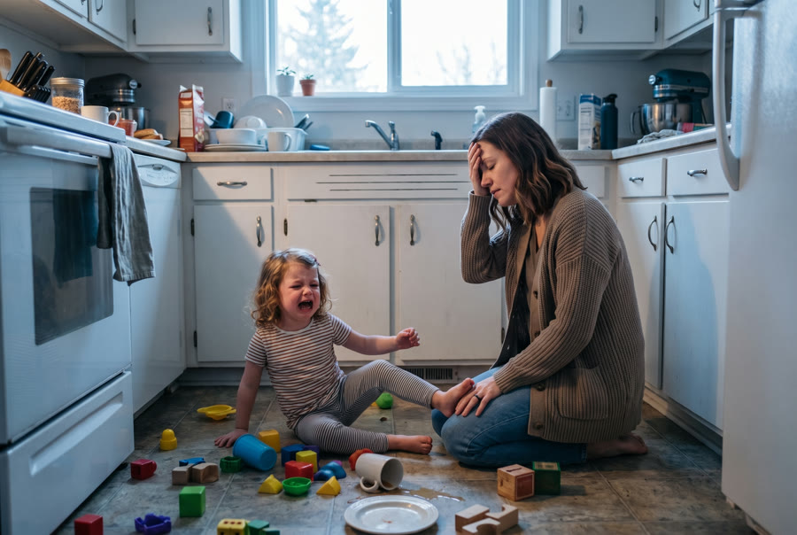 A young girl mid-tantrum on the kitchen floor while her exhausted mother kneels beside her