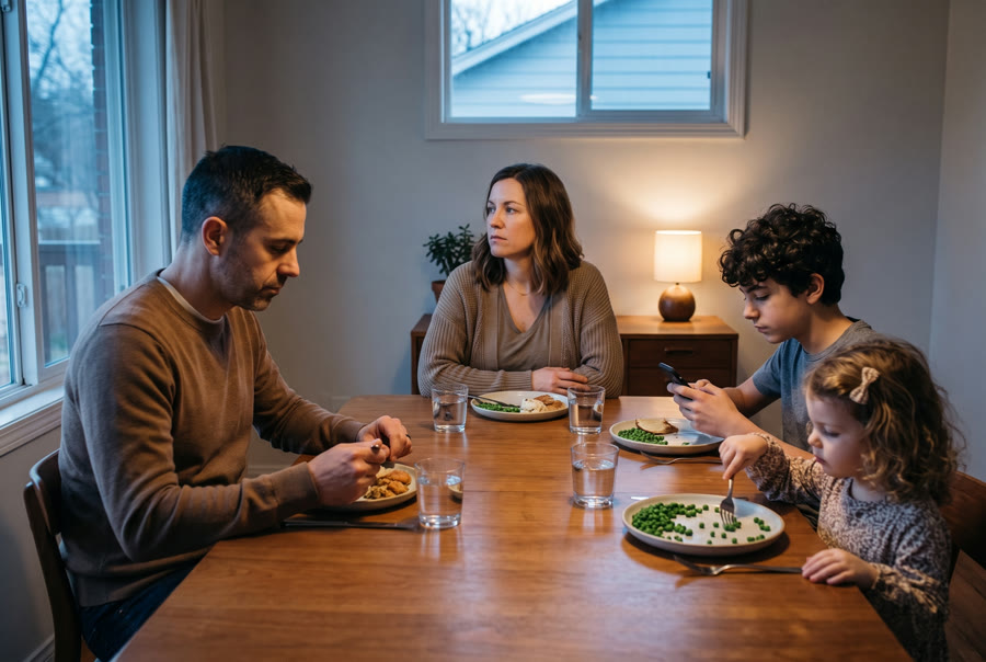 A family of four at dinner, no one speaking, the teenage son on his phone