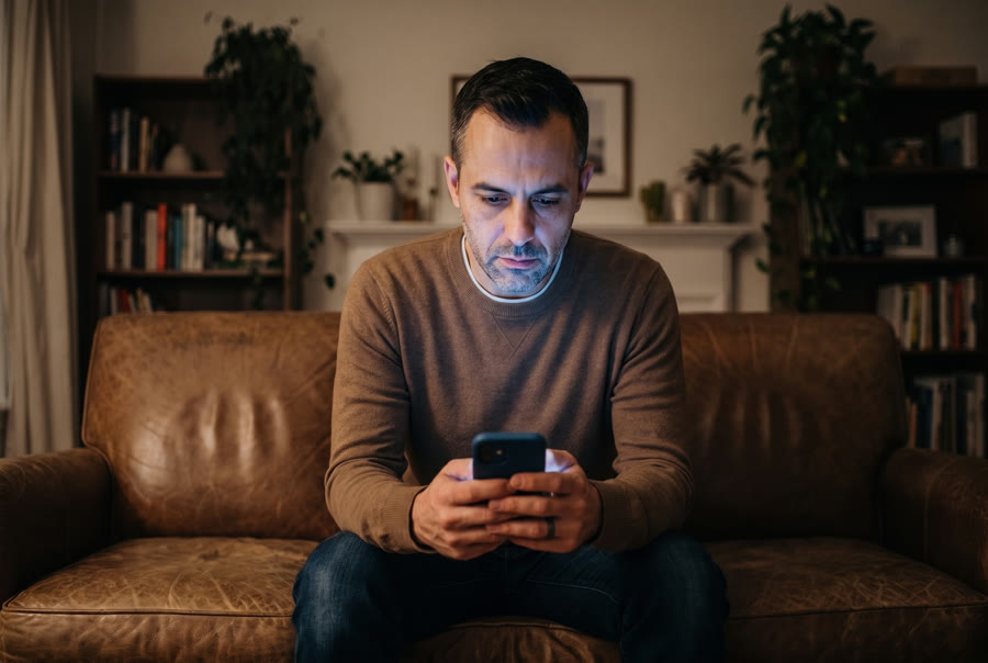 A father alone on the couch late at night, face lit by his phone, searching for answers