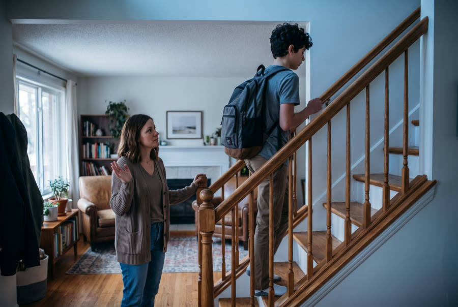A teenager climbing the stairs away while his mother reaches out below