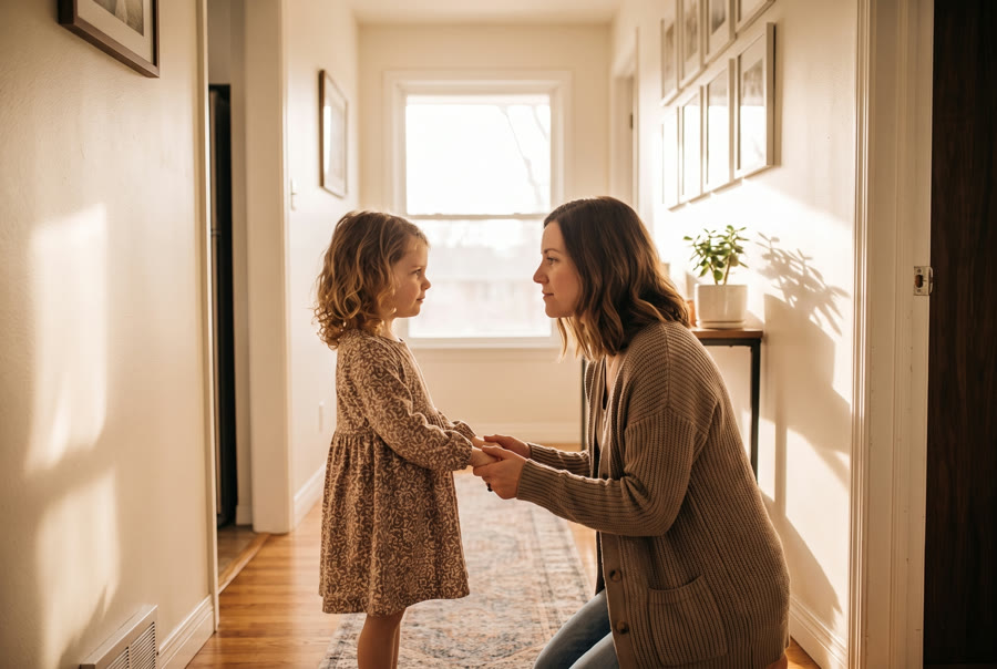 A mother kneeling at eye level with her daughter, both calm, holding hands