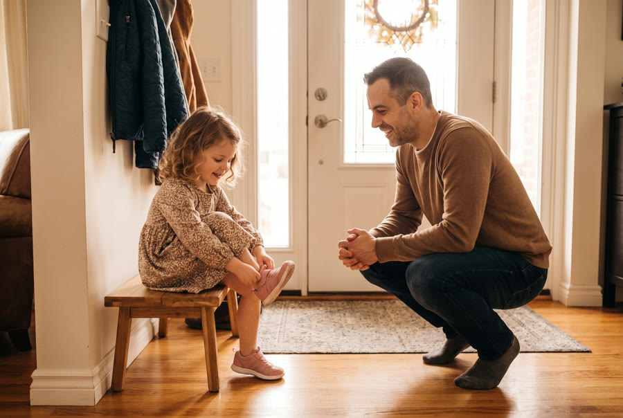 A little girl proudly putting on her own shoes while her father watches, smiling