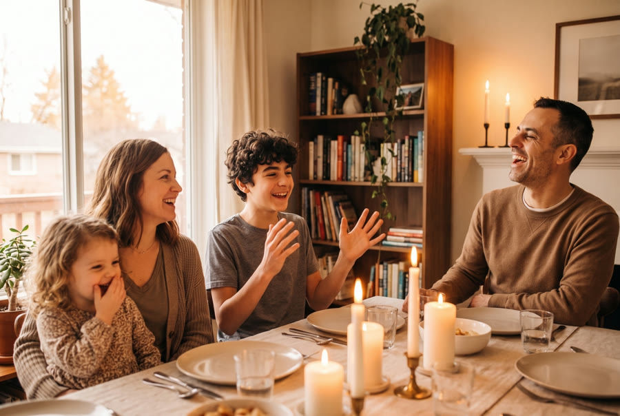 The same family at the same dinner table, now laughing together in candlelight